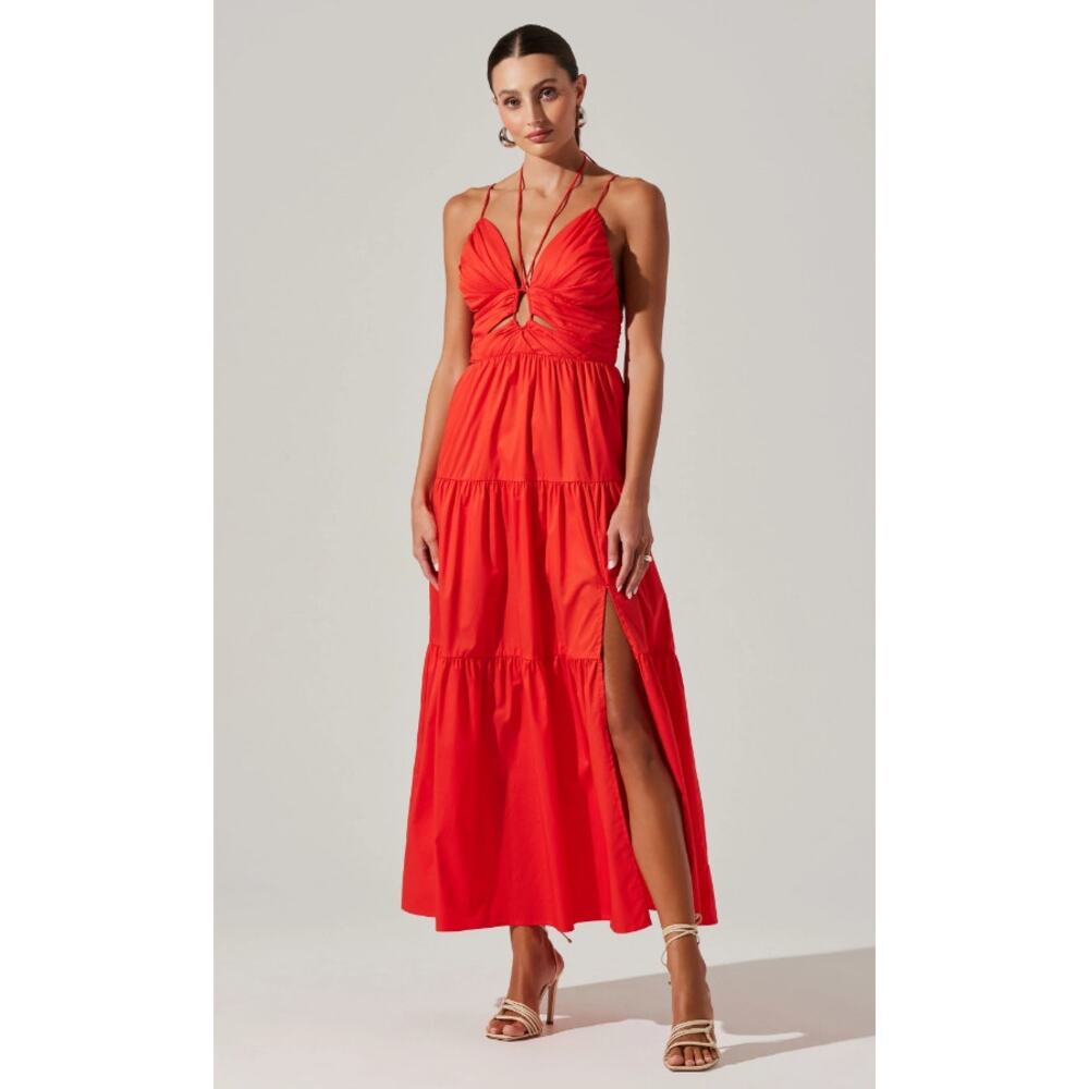 NEW ASTR the label Minka Maxi Dress Large Bright Orange Cut Out Formal Halter